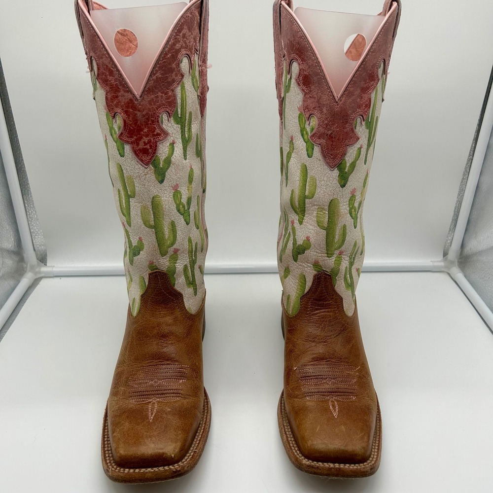 Ariat Fonda Women Cactus Print Leather Boots Wide Square Toe Brown Pink Size 8B - Picture 6 of 13